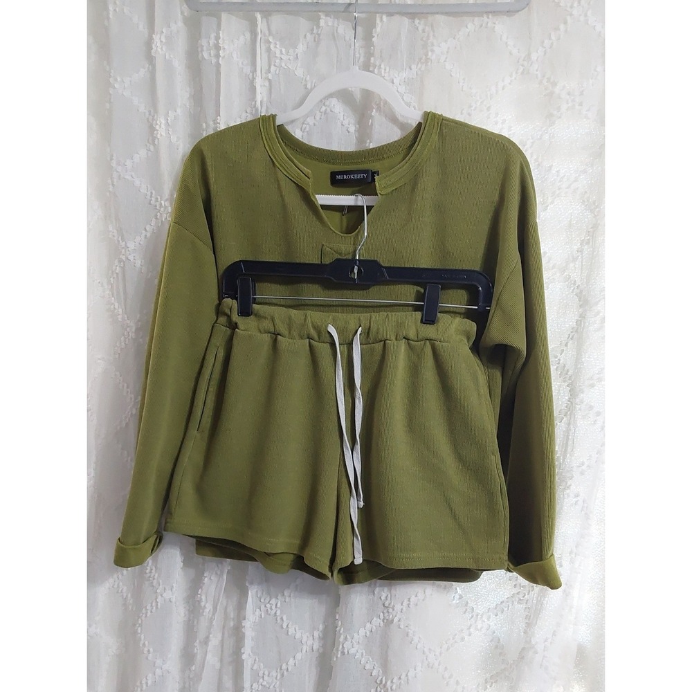 Merokeety Womens Olive Green Ribbed Knit Lounge Set Top and Shorts Size Medium